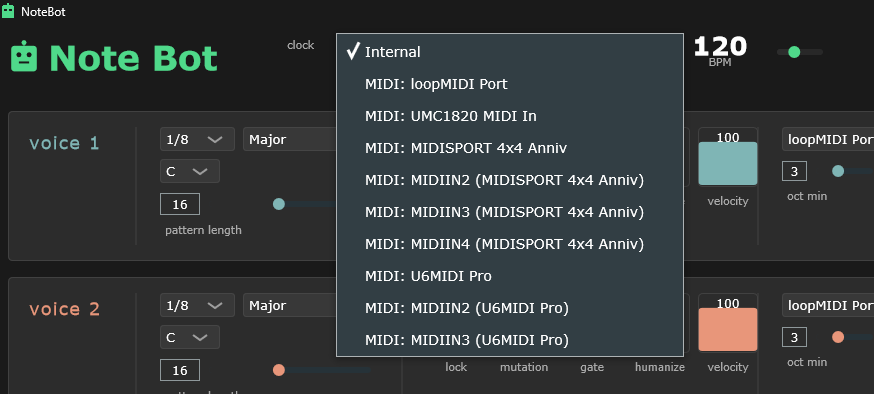 Note Bot clock source dropdown showing Internal selected, with loopMIDI Port, UMC1820 MIDI In, MIDISPORT 4x4 Anniv, and U6MIDI Pro available as external sources