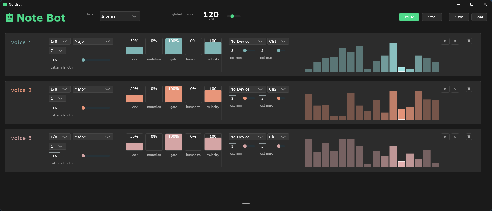 Note Bot application — 16-voice Turing Machine MIDI sequencer interface with animated visualizer bars