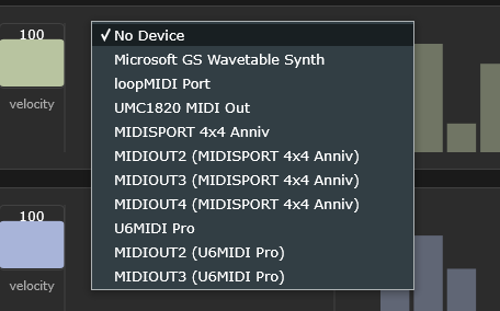 MIDI device dropdown showing connected hardware interfaces: Microsoft GS Wavetable Synth, loopMIDI Port, UMC1820 MIDI Out, MIDISPORT 4x4 Anniv, U6MIDI Pro